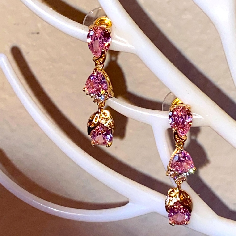 NEW Rose Gold Tone Zinc Alloy & Created Pink Rhinestones Dangling Earrings